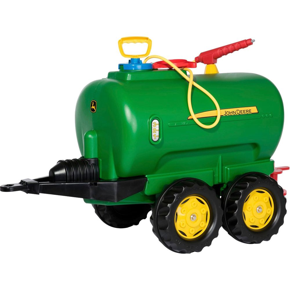Grüner John Deere Spritztankwagen mit gelben Rädern und roter Sprühpistole.
