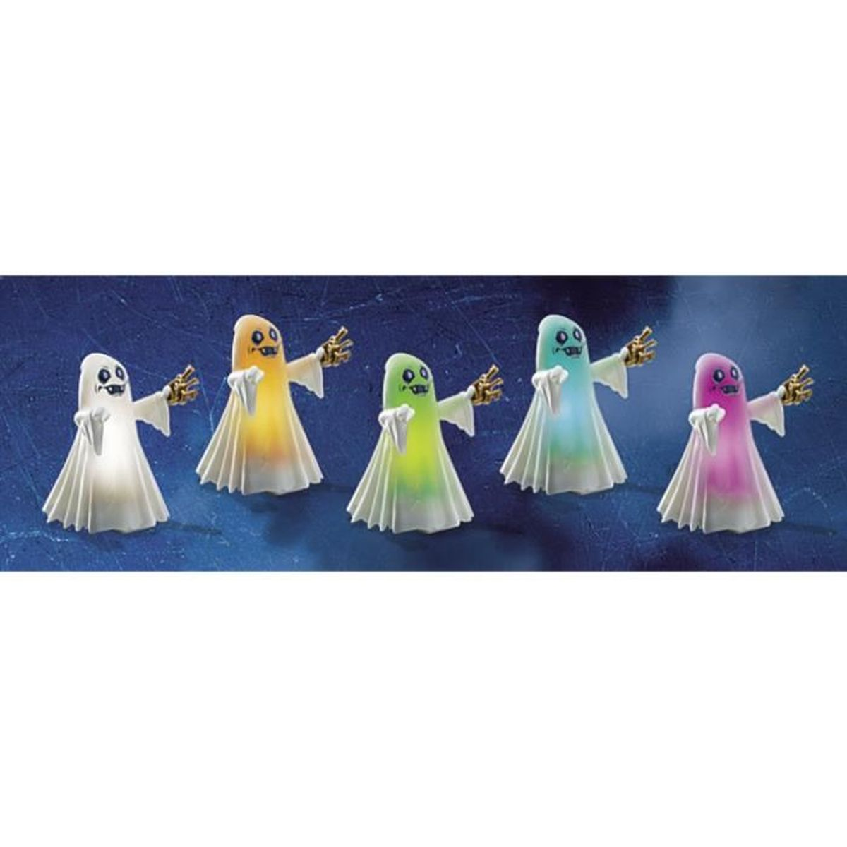 Cinque figure spettrali luminose gialle, verdi, blu e rosa con mani dorate.