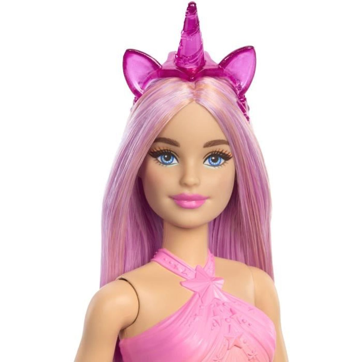 Eine Barbie-Puppe mit lila Haaren, einem Einhorn-Stirnband und einem rosa Kleid.