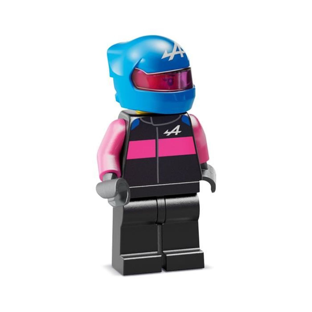Una minifigure Lego con casco blu, maniche rosa e tuta nera a righe rosa.
