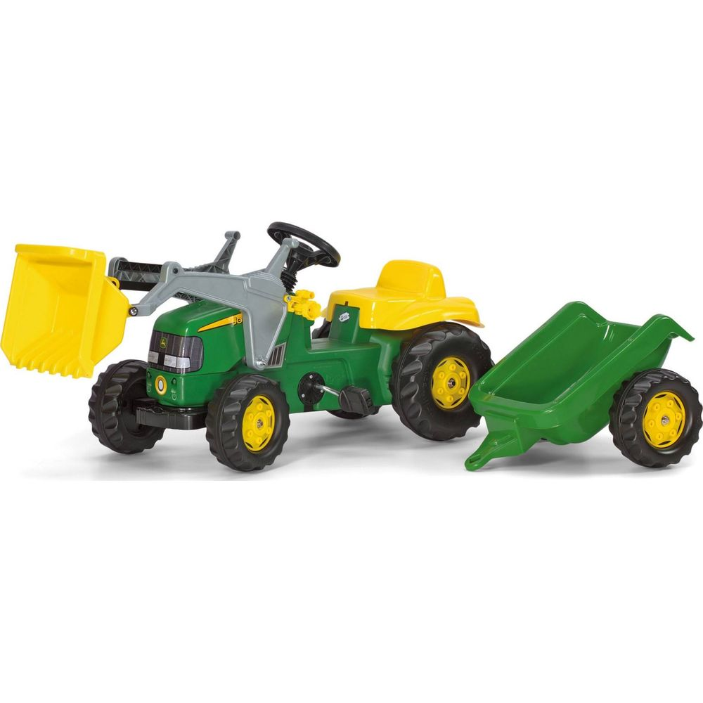 Grüner Spielzeugtraktor mit gelber Frontschaufel und Anhänger.