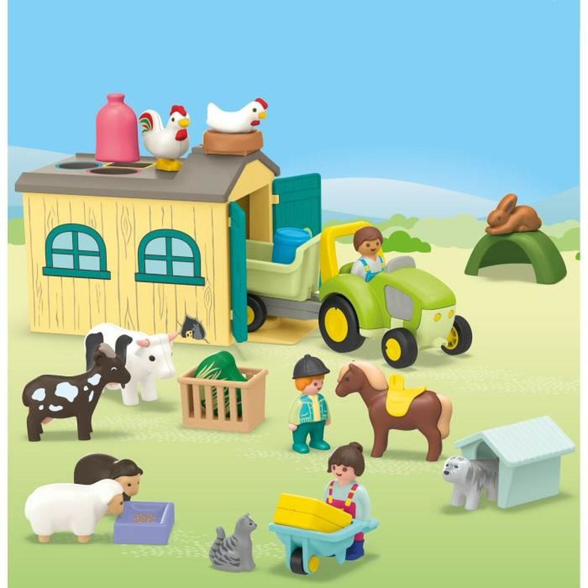 Granja de juguete con tractor, animales y figuras.