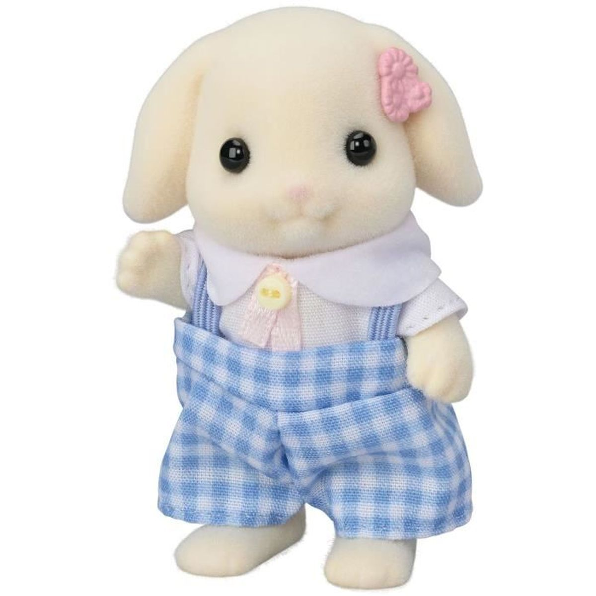 Figura de conejito blanco de peluche con peto azul y lazo rosa en la oreja.