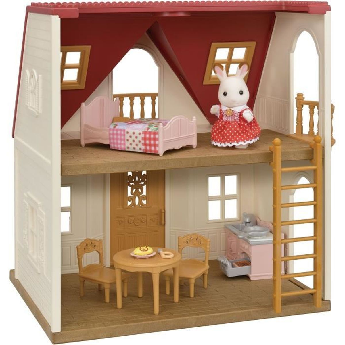 Ein Spielzeughaus mit einem Hasenmädchen, Bett, Tisch und Küche.