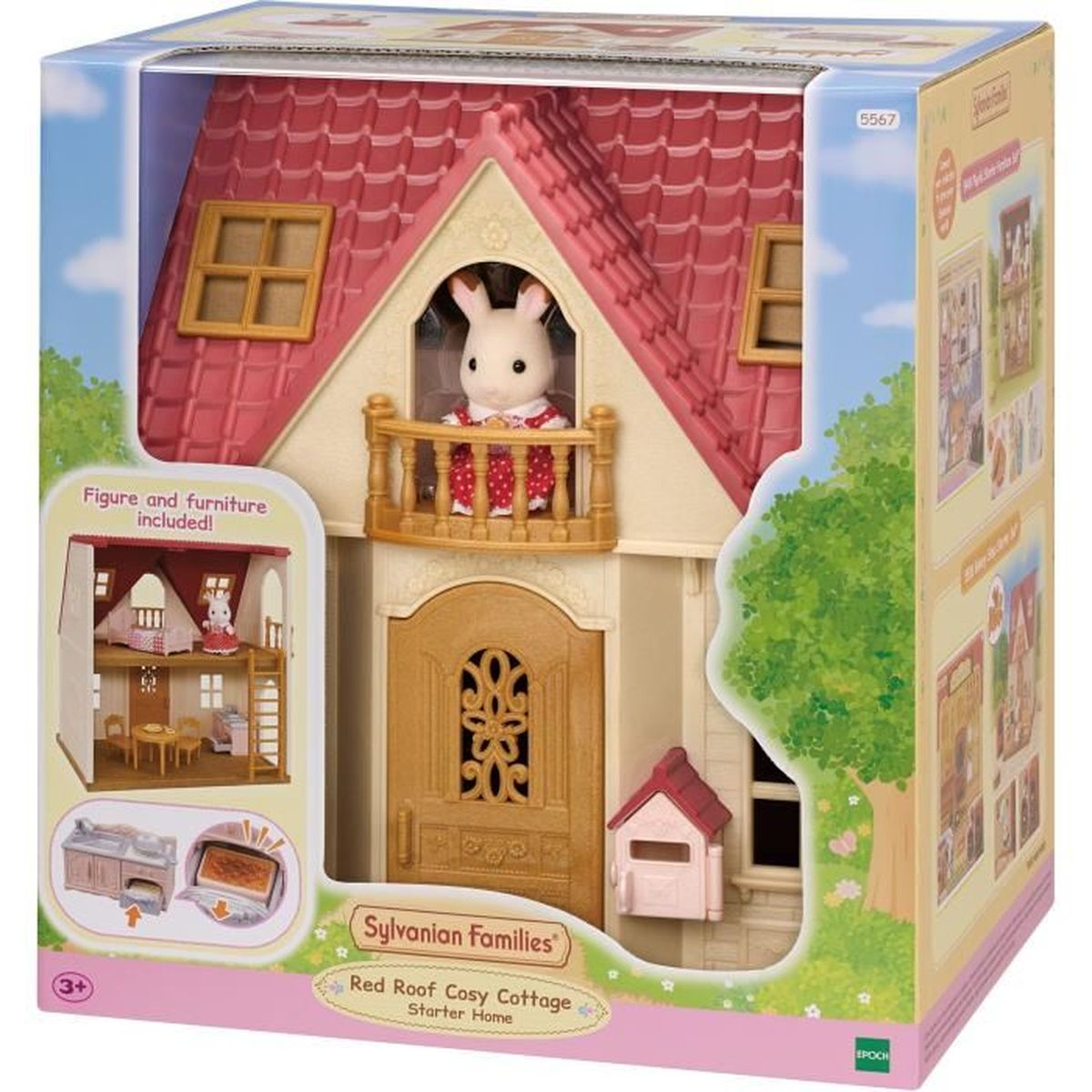 Sylvanian Families Spielhaus mit rotem Dach, Hasenfigur und Möbeln.