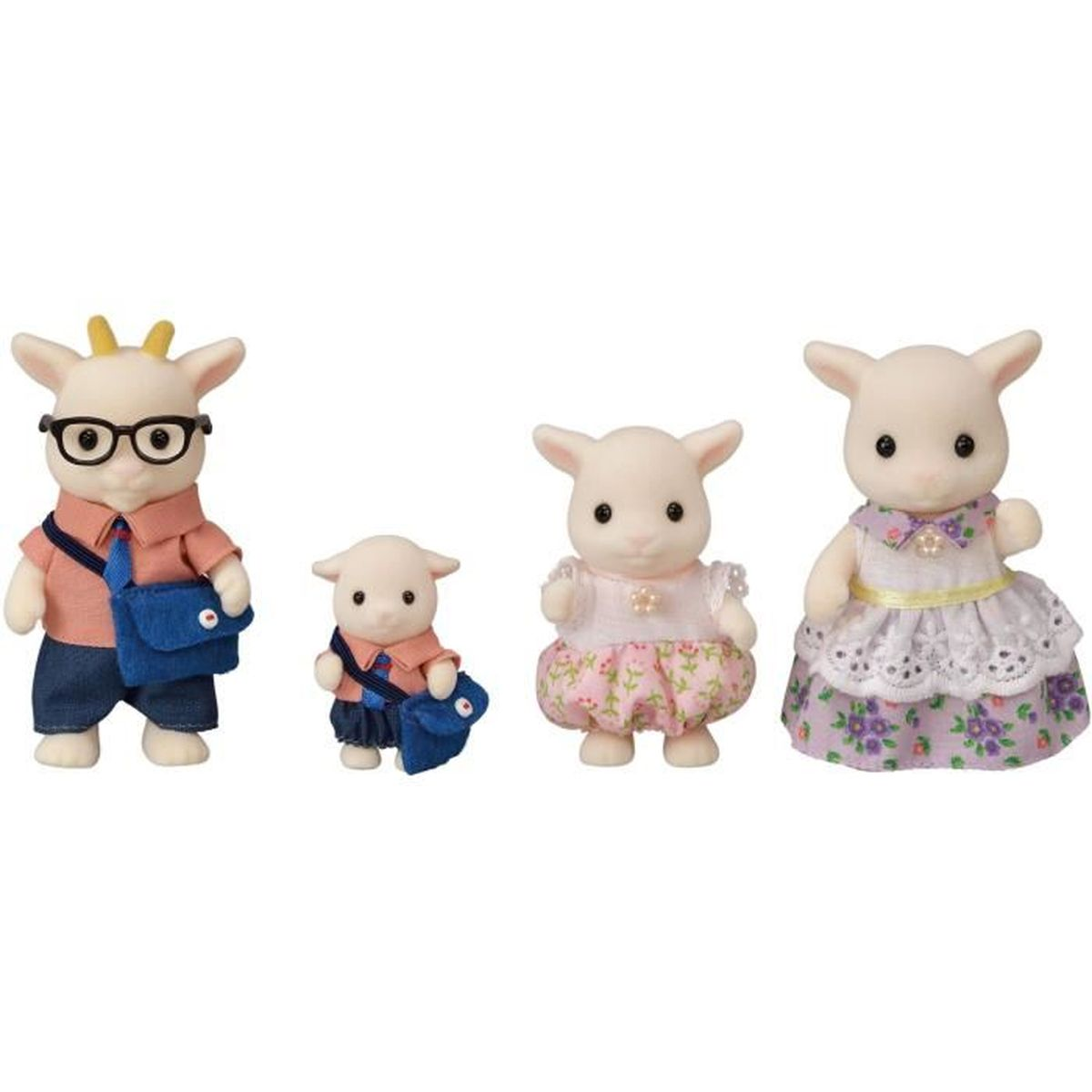 Cuatro figuras de juguete de oveja con ropa, dos con bolsos.