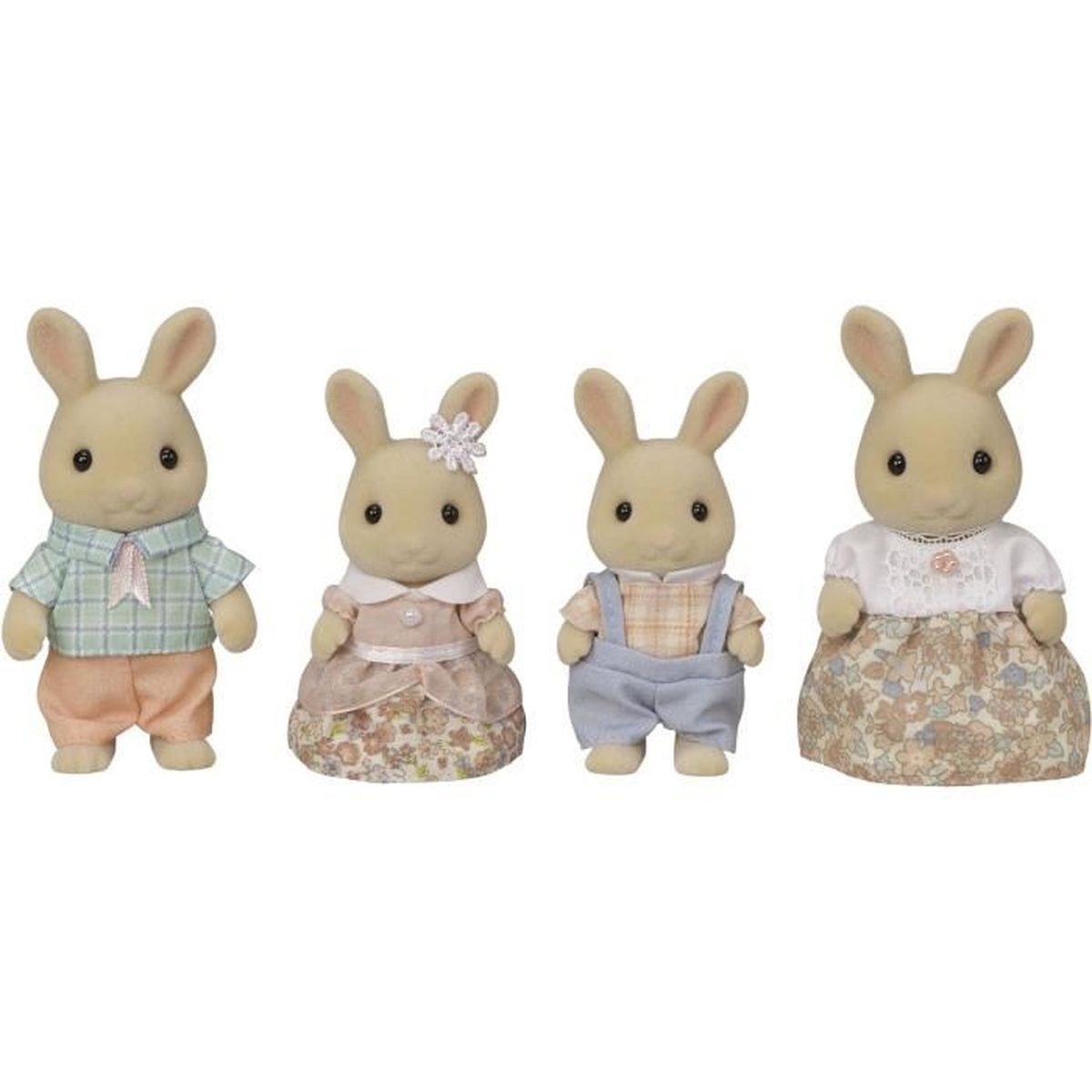 Cuatro figuras de conejos con ropa: dos niños, dos niñas.
