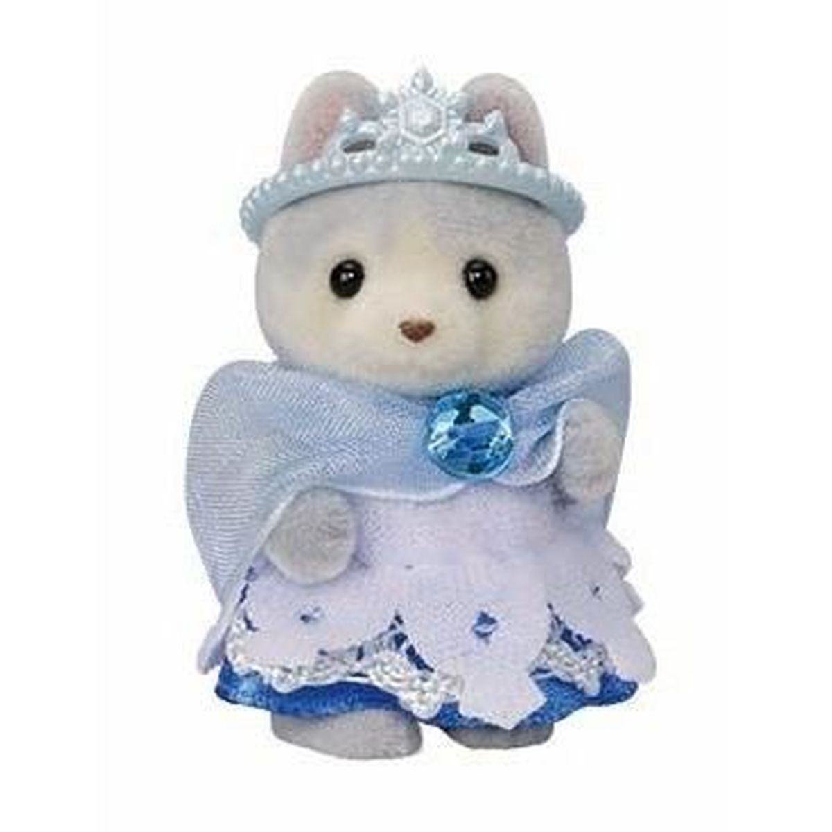 Una pequeña figura de ratón con vestido azul, corona y capa.