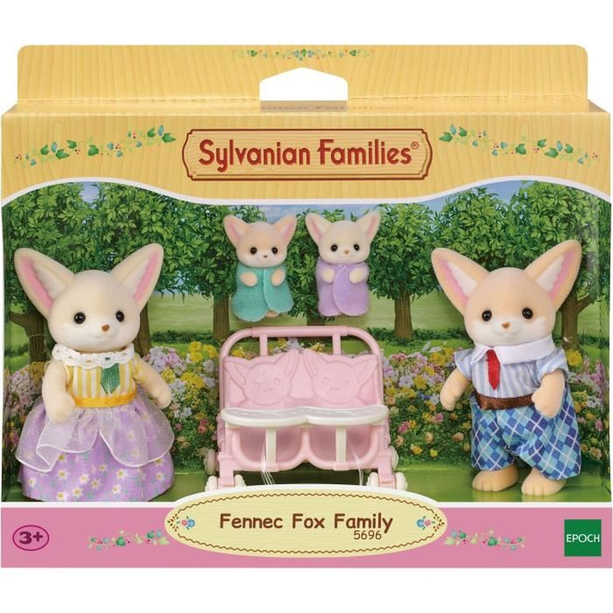 Familia de zorros fennec Sylvanian con cuna y dos bebés.