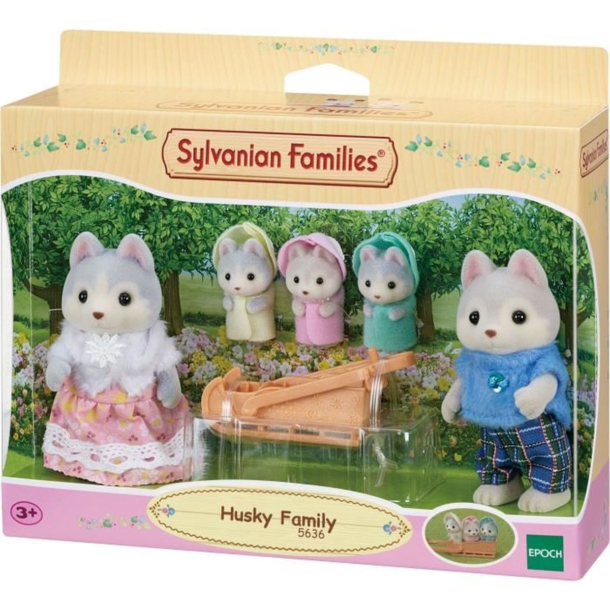 Juguete Sylvanian Families Familia Husky en caja con trineo y árboles.