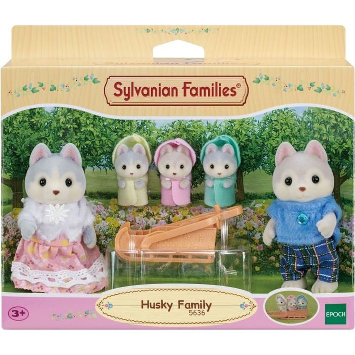 Familia Husky Sylvanian con un trineo, empaquetada en una caja.