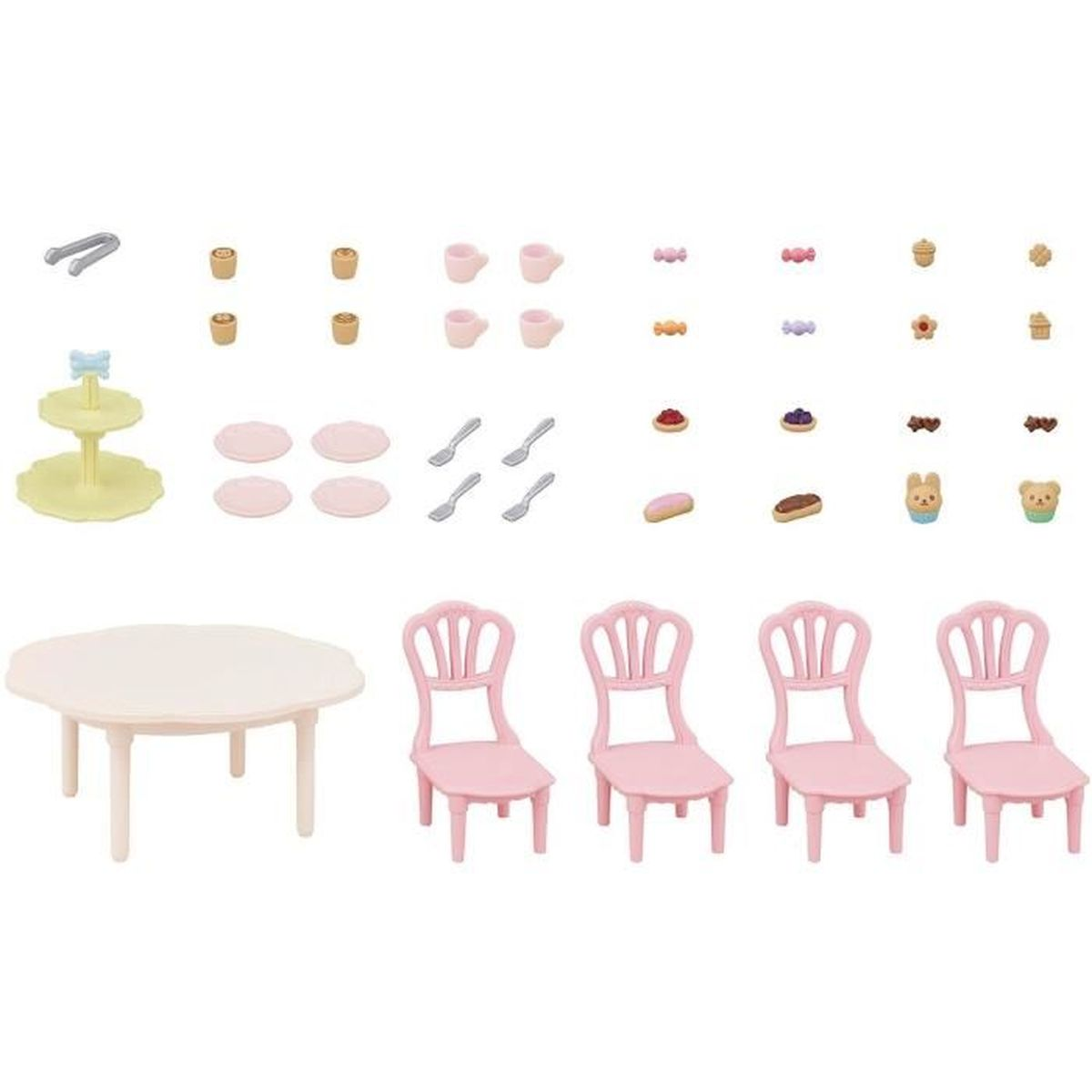 Juego de comedor en miniatura con mesa, sillas, soporte de niveles, platos, tazas, cubiertos y pasteles.