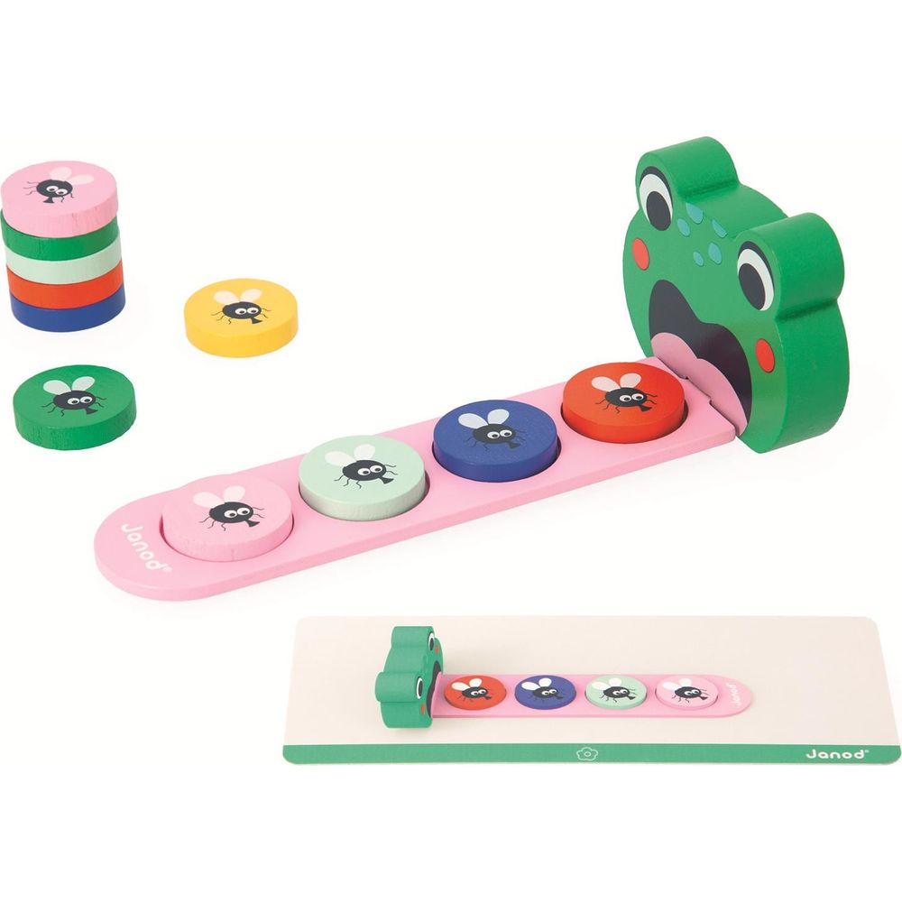 Holzspielzeug Frosch mit Fliegen und Stapelbechern.