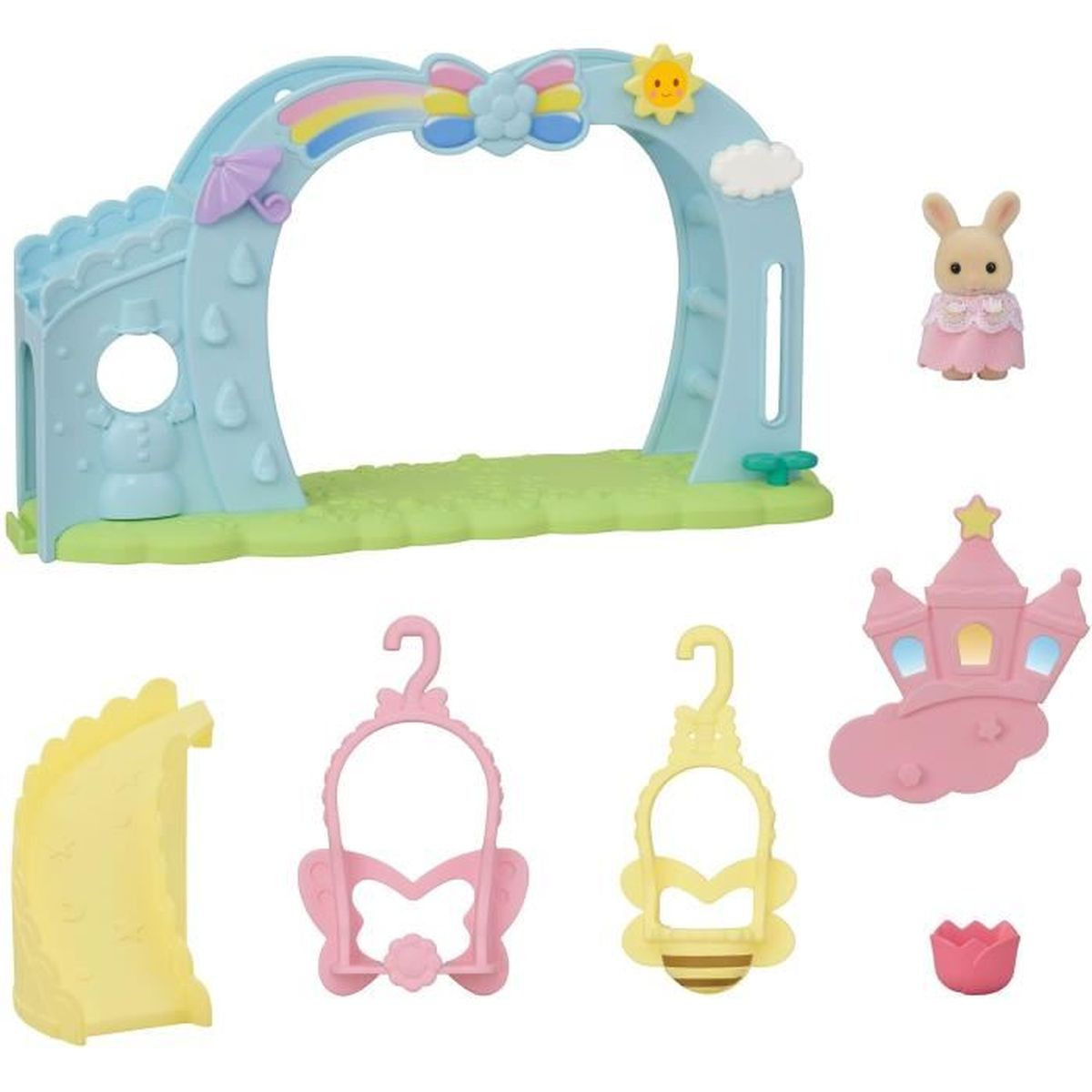 Un juego de juguetes con arco azul, arcoíris, sol, nube, muñeco de nieve y figura de conejo.