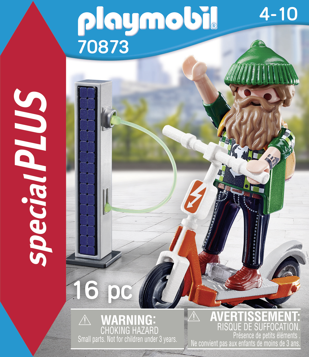 Playmobil Figur auf Roller vor Solarpanel-Ladestation, 16 Teile.