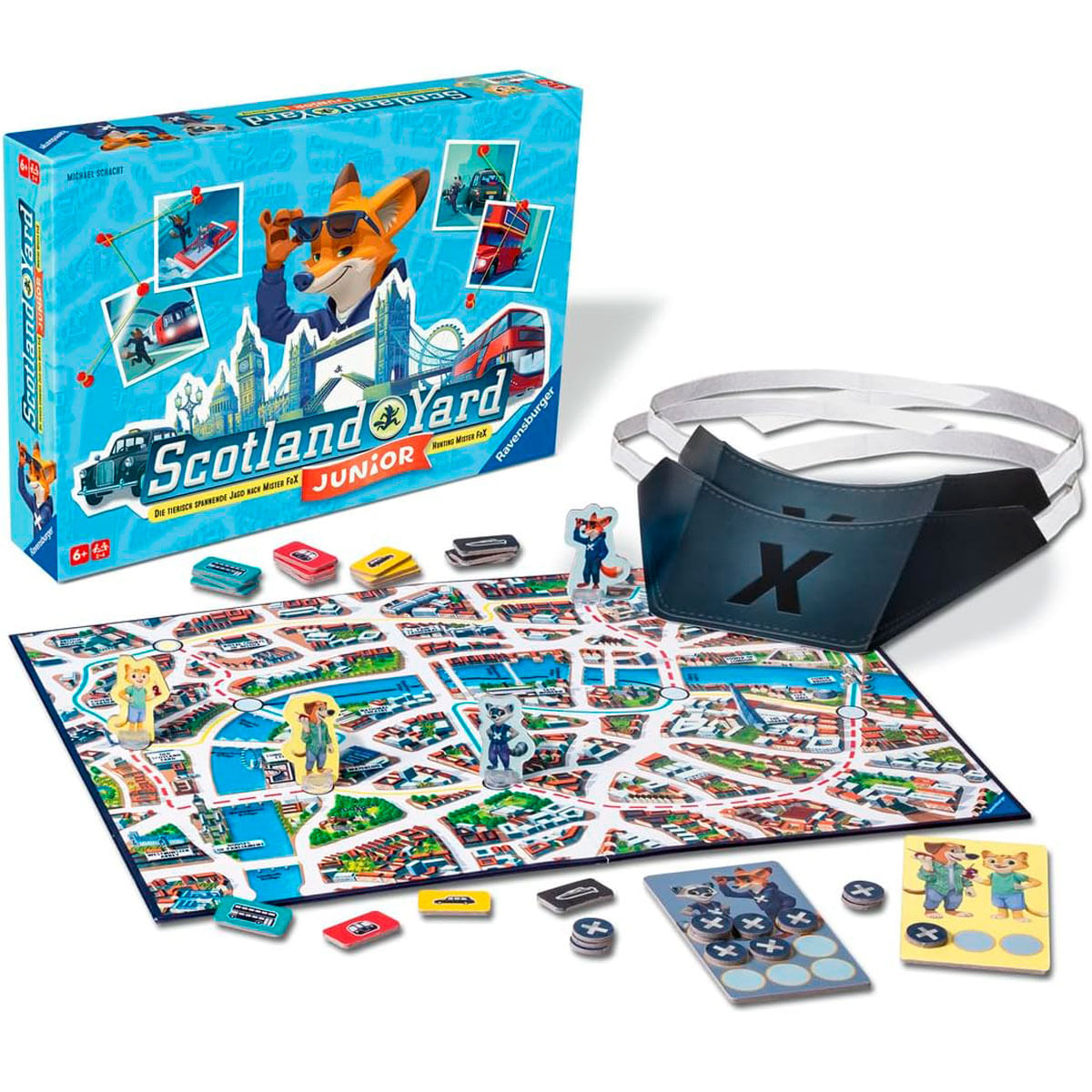 Gioco da tavolo Scotland Yard Junior con pedine, pezzi e maschere.