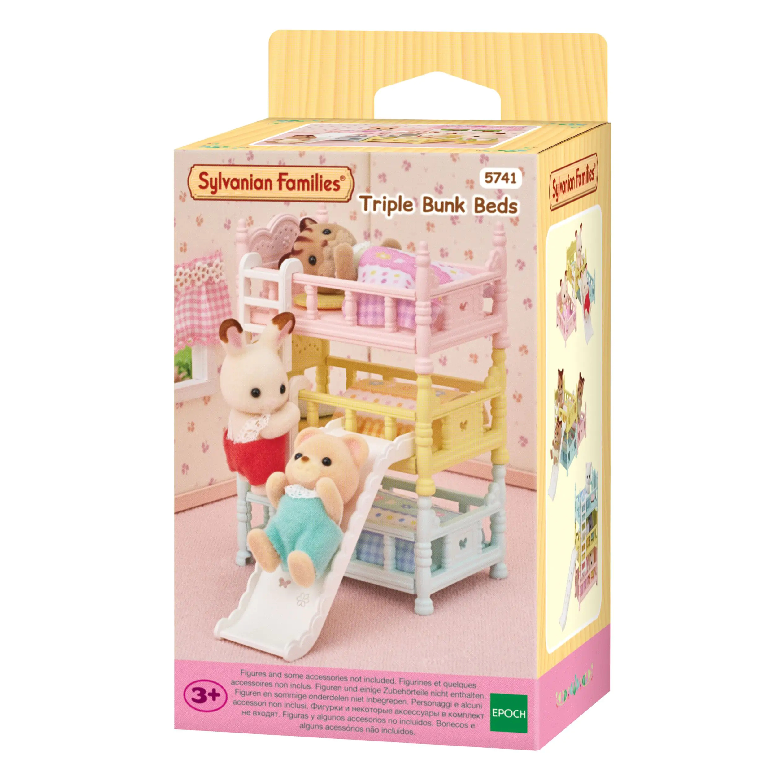 Juguete de literas triples Sylvanian Families con figuras, en colores rosa y amarillo.
