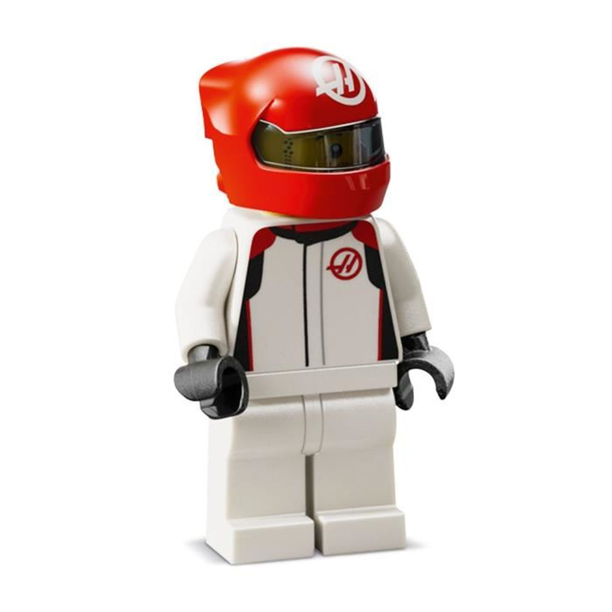 Kırmızı süslemeli beyaz yarış tulumu ve kırmızı kasklı Lego figürü.