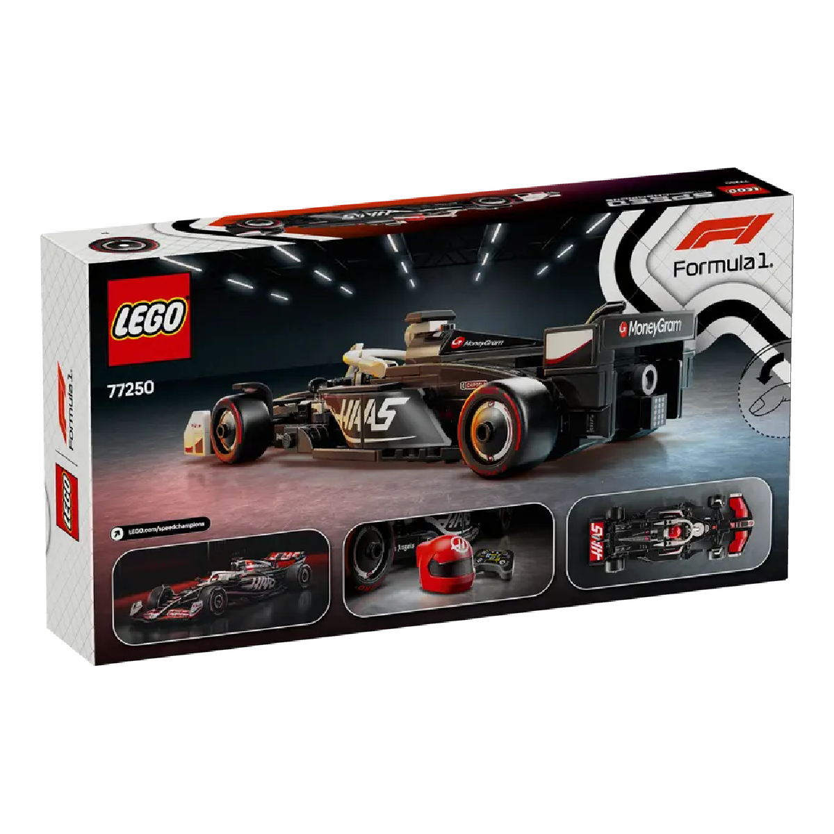 Siyah araba, kırmızı kask ve kontrol cihazı içeren LEGO Formula 1 yarış arabası seti.