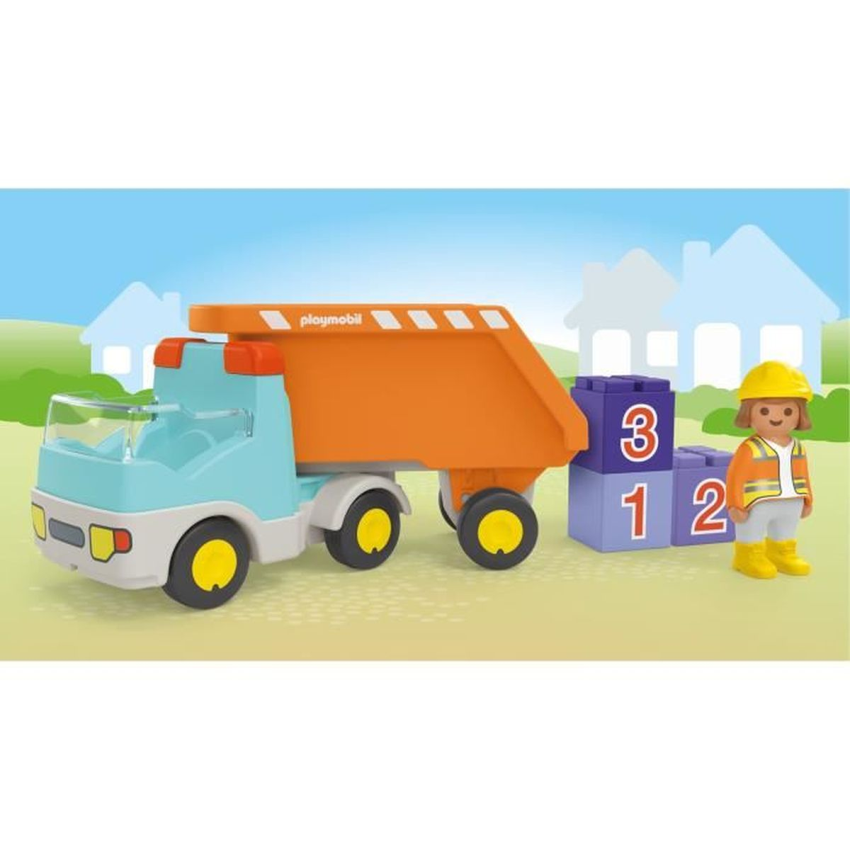 Un camion della spazzatura Playmobil accanto a blocchi di costruzione e una figura.