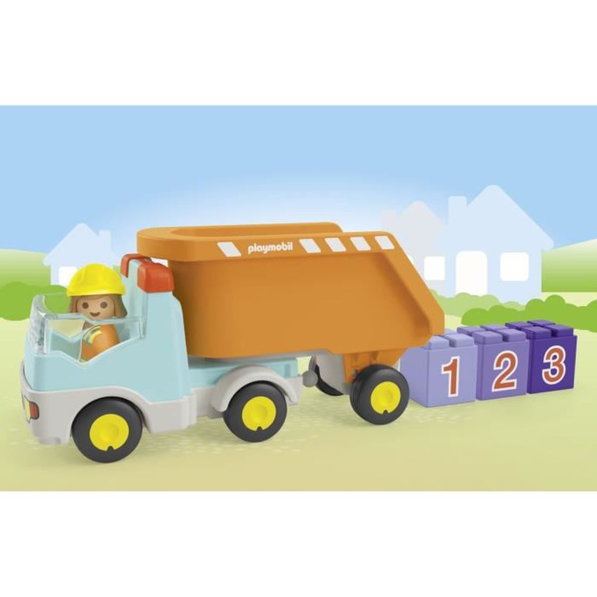 Un camion della spazzatura Playmobil con conducente e blocchi numerati accanto.