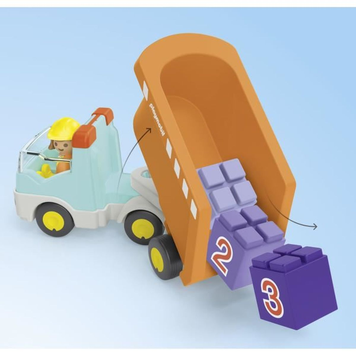 Un camion giocattolo azzurro con cassone ribaltabile arancione e blocchi viola.
