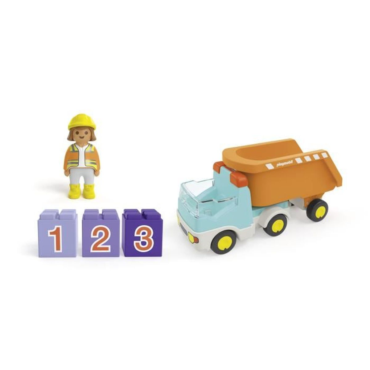Figura di operaio Playmobil, camion ribaltabile e blocchi numerici 1, 2, 3.