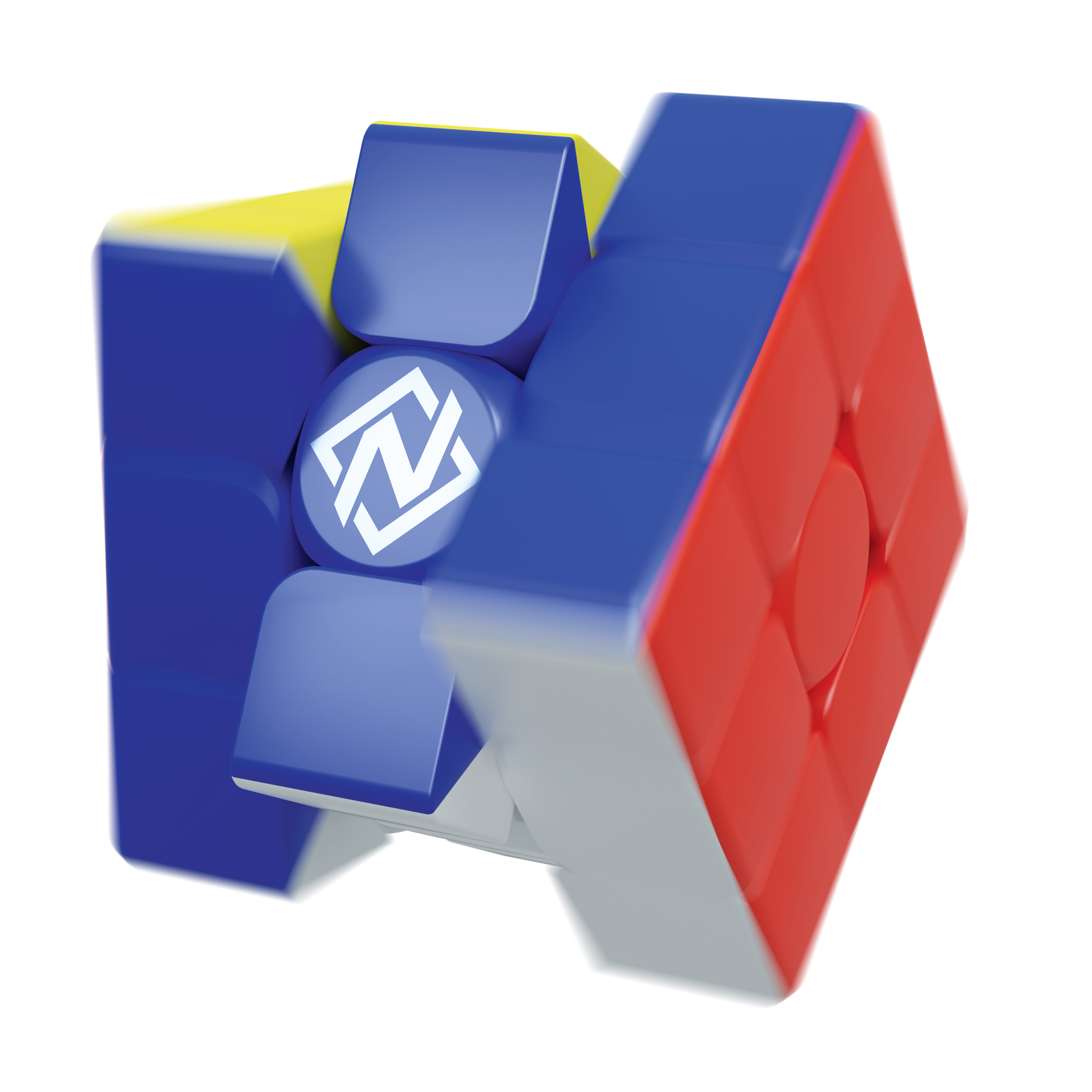 Un cubo magico rosso, blu e giallo con logo bianco, in movimento.