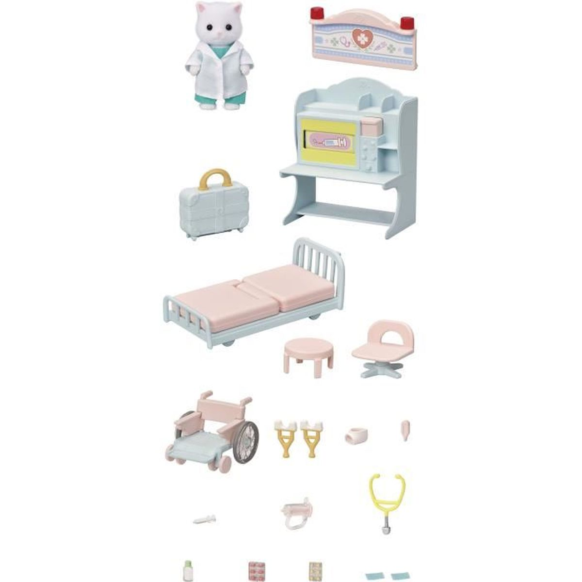 Un set de casa de muñecas con figura de doctor, cama de hospital, silla de ruedas y accesorios médicos.