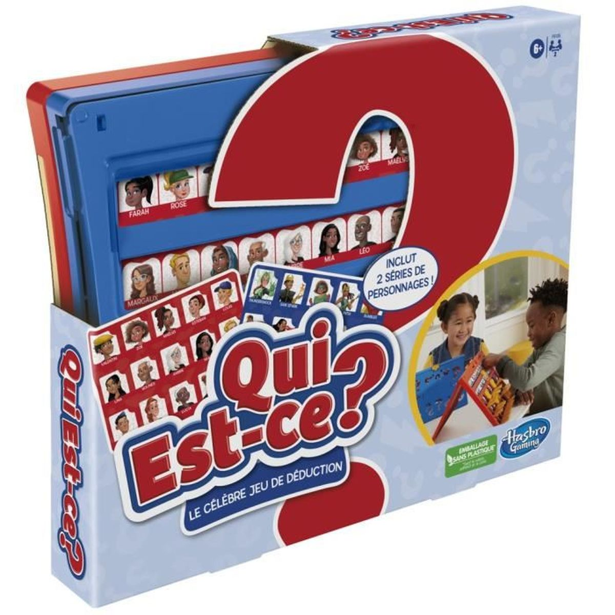 Scatola del gioco da tavolo Qui Est-ce? con carte personaggio e bambini che giocano.
