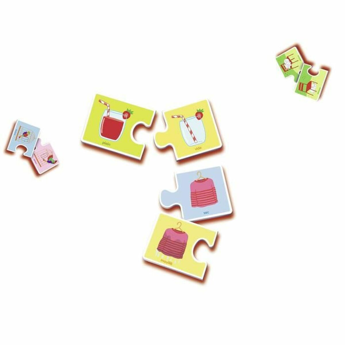 Mehrere bunte Puzzleteile mit Bildern von Getränken und Kleidung.