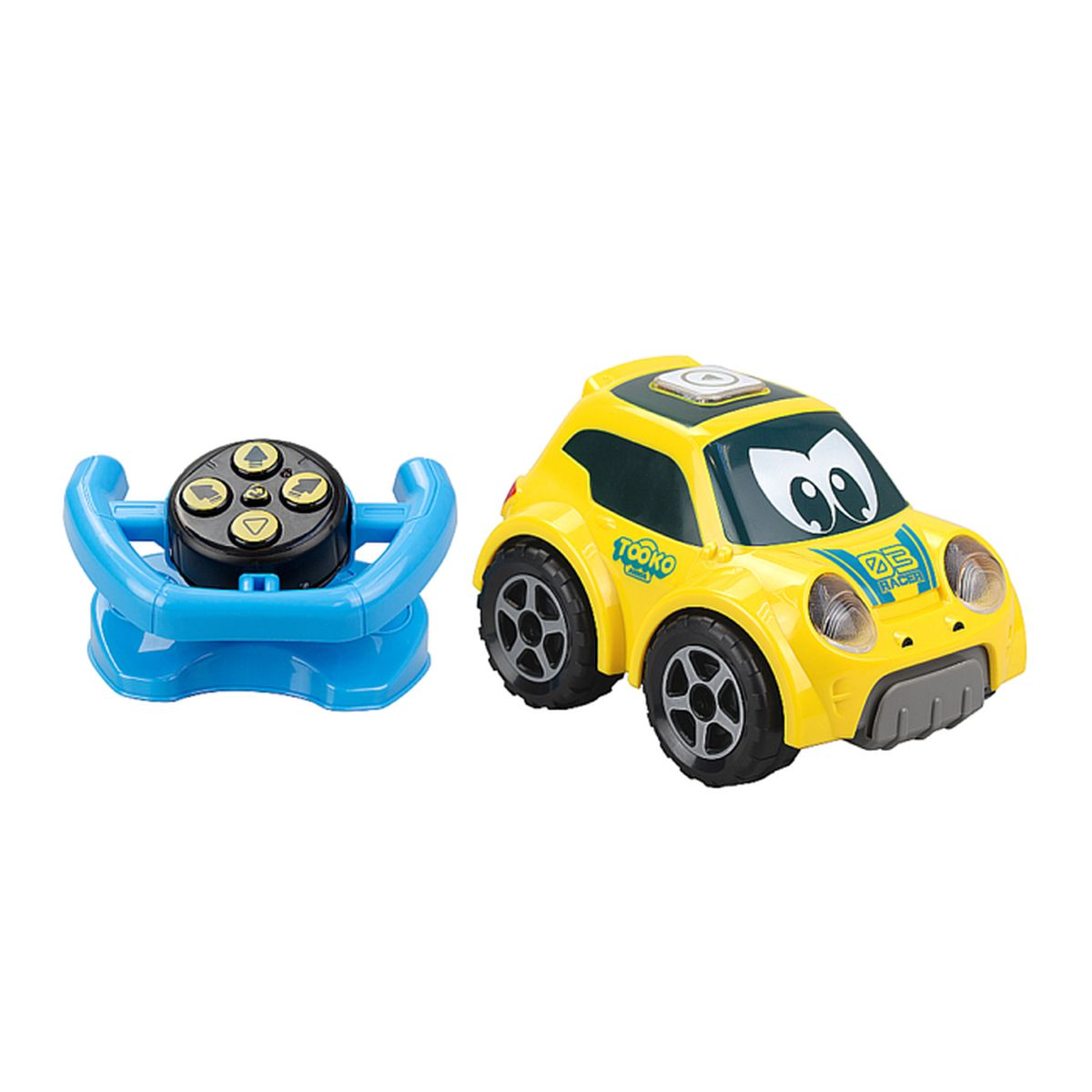 Un coche de juguete amarillo con ojos grandes y un mando azul al lado.