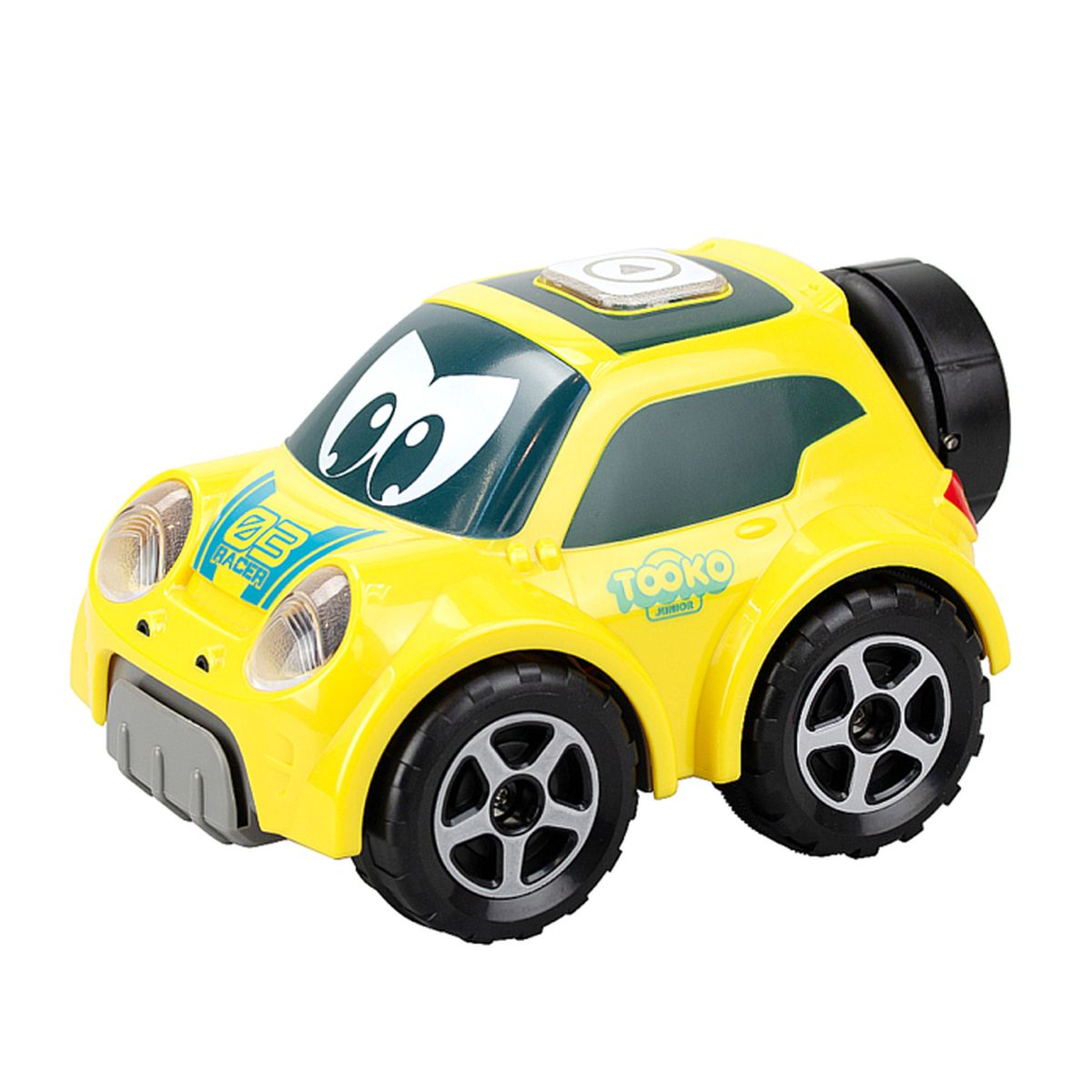 Un coche de juguete amarillo con ojos grandes y texto '05 RACER'.