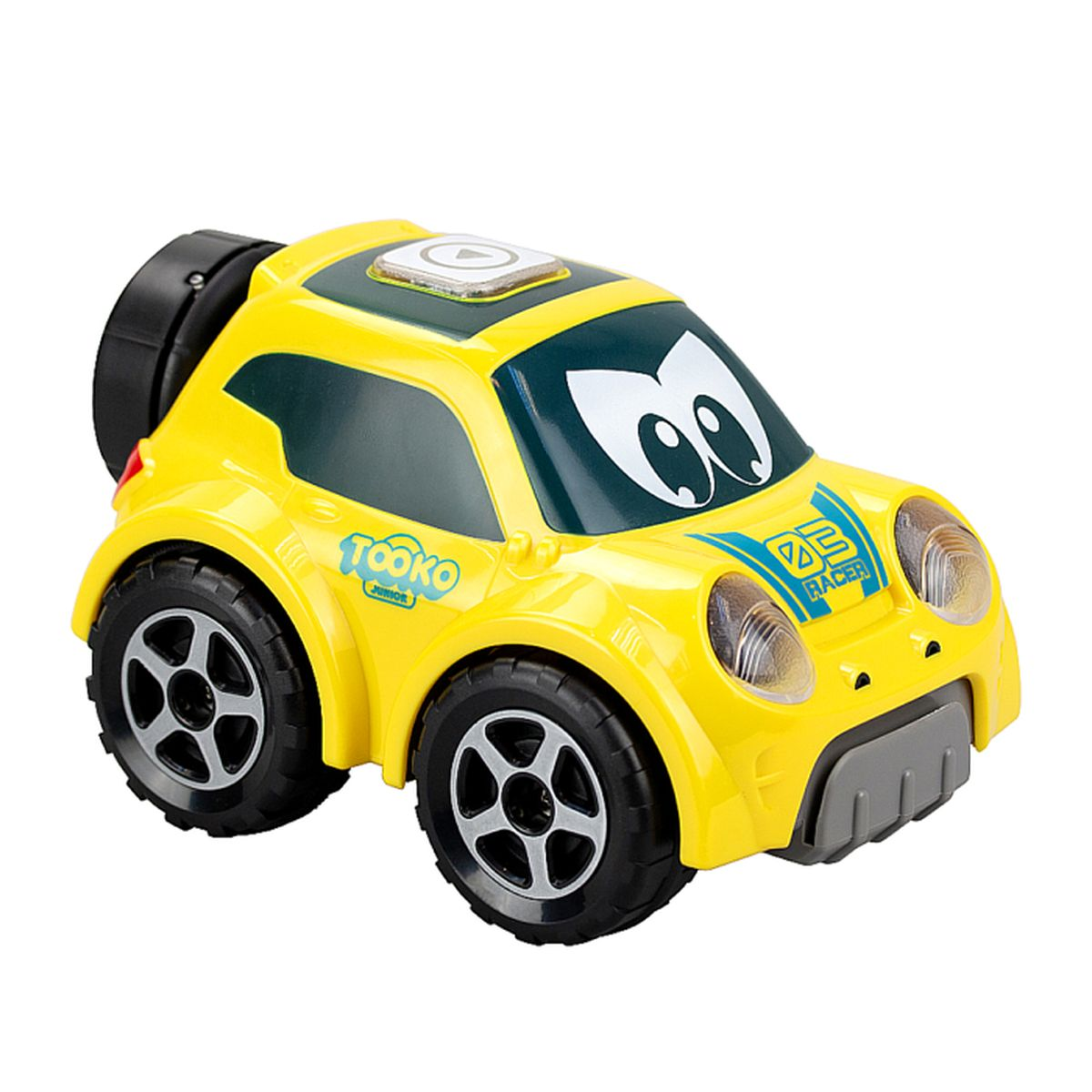 Un coche de juguete amarillo con ojos de caricatura, texto 'TOOKO JUNIOR RACER' y parte trasera negra.