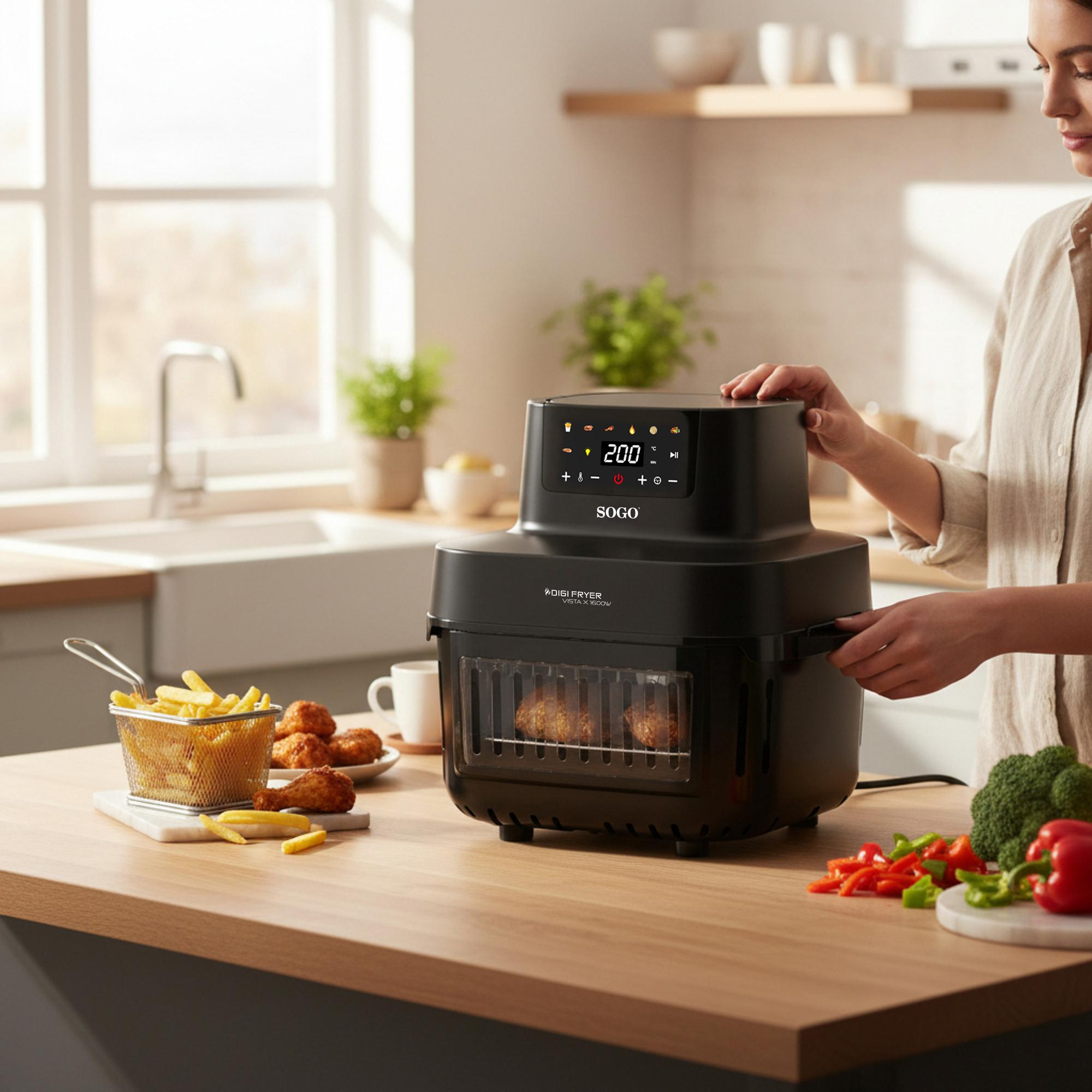 Una donna usa una friggitrice ad aria nera con patatine e pollo in cucina.