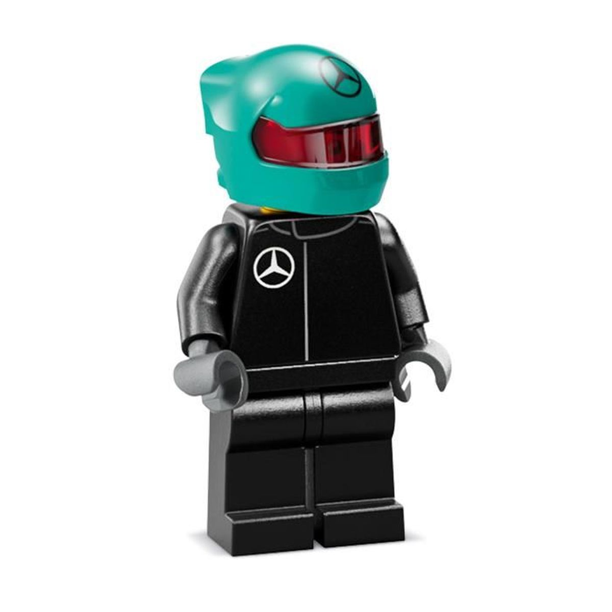 Siyah takım elbiseli, turkuaz kasklı ve kırmızı vizörlü bir Lego sürücü.