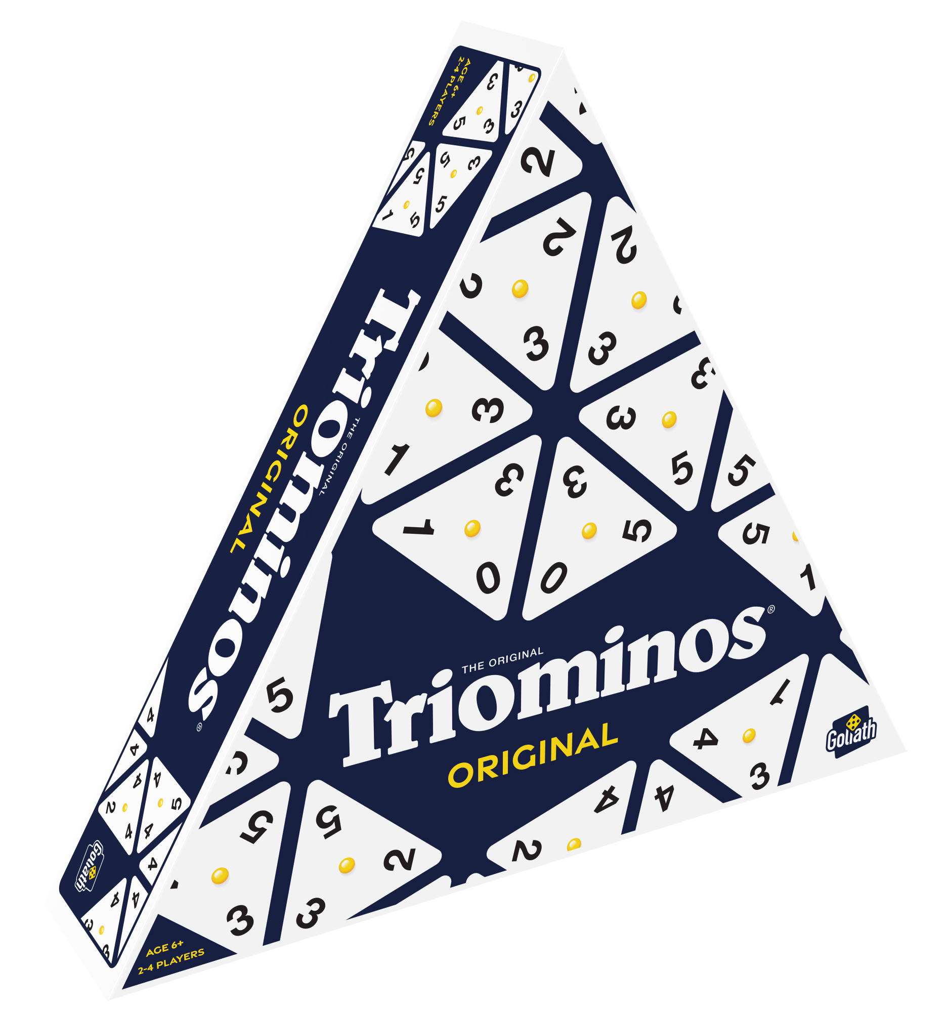Triominos Original Spielverpackung mit Zahlen und Punkten auf blauweißem Hintergrund.