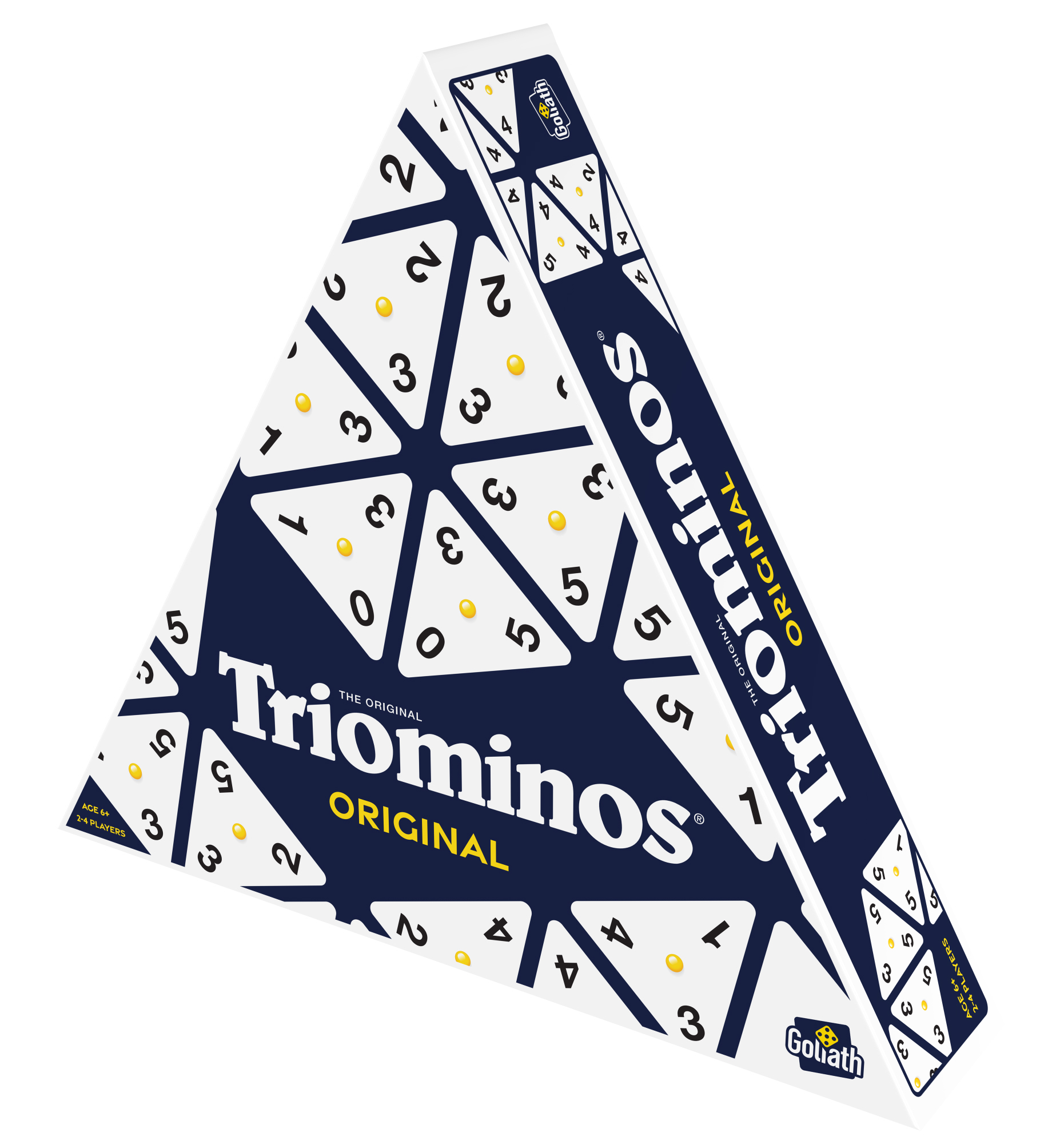 Eine Triominos-Spielschachtel mit blauen Dreiecken und Zahlen.