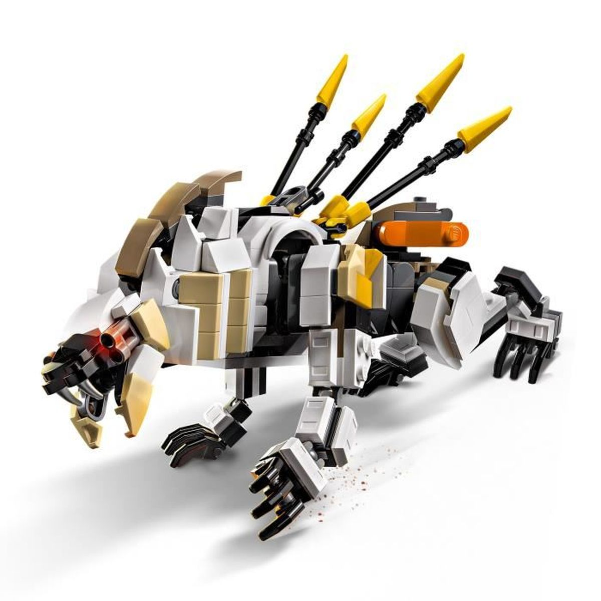 Ein detailliertes Lego-Modell eines robotischen Vierbeiners mit gelben Spikes auf dem Rücken.