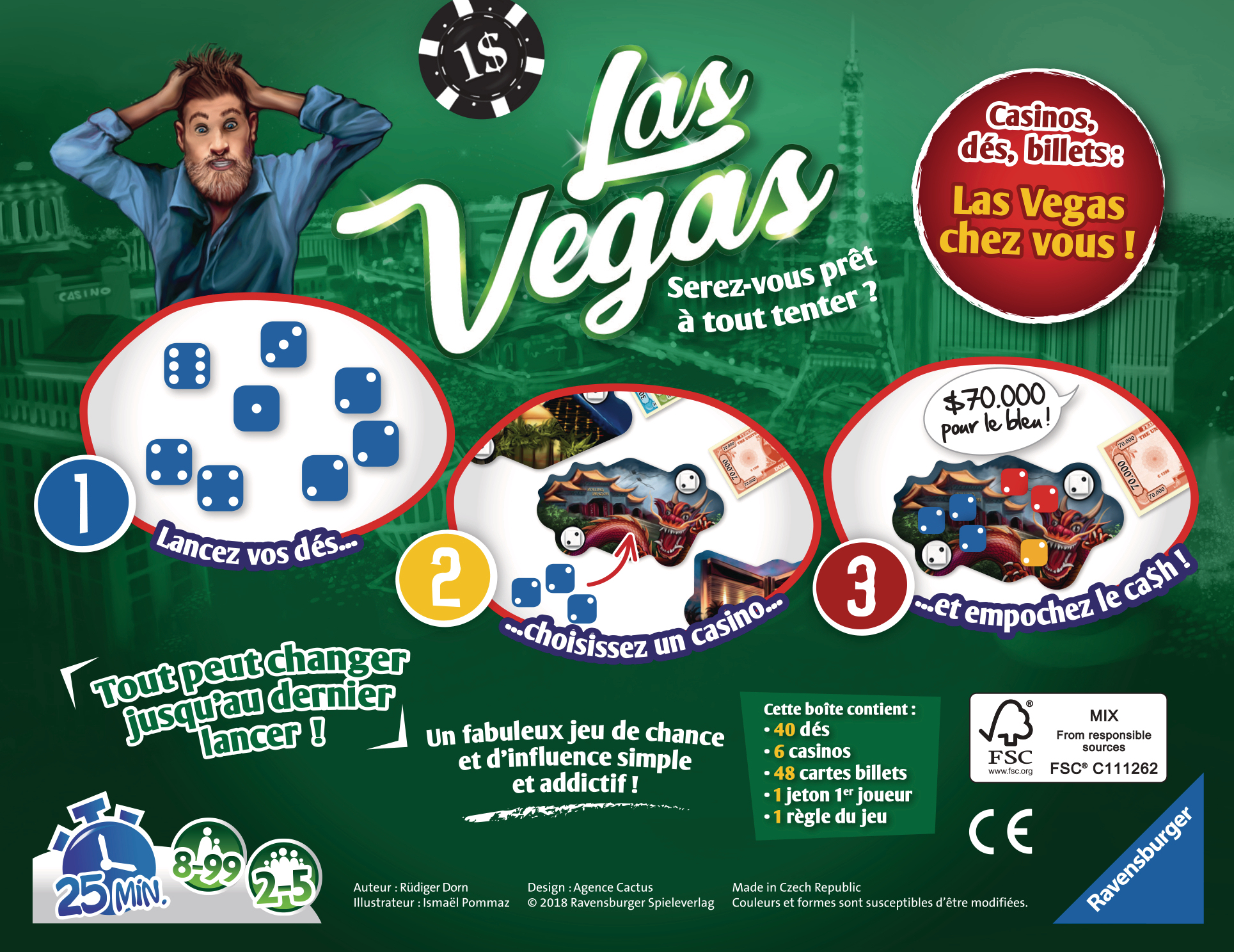 Tabellone con dadi, carte e un uomo che si tiene la testa. Logo "Las Vegas" in alto.