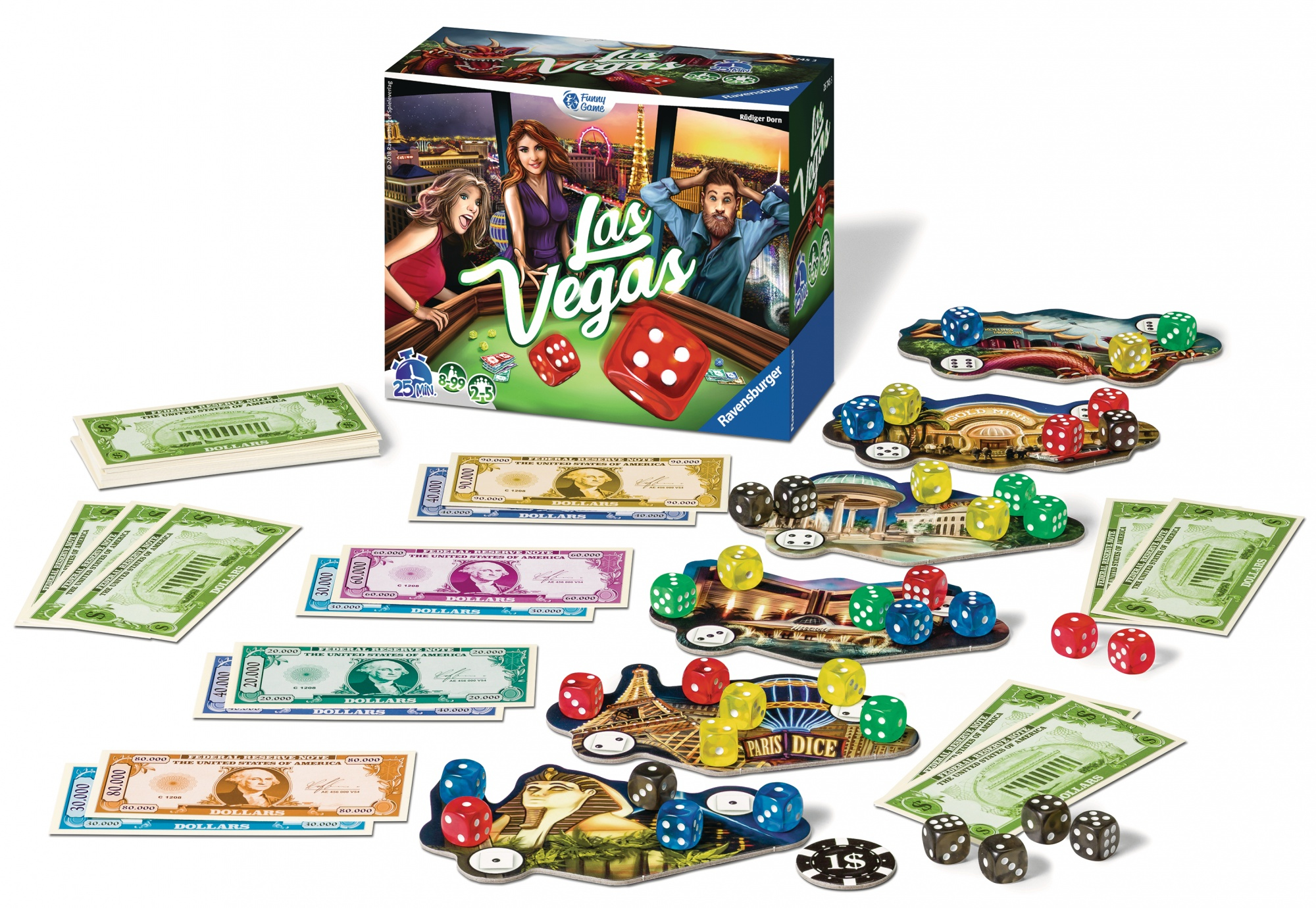 Gioco da tavolo con dadi, soldi finti e scatola del gioco "Las Vegas".