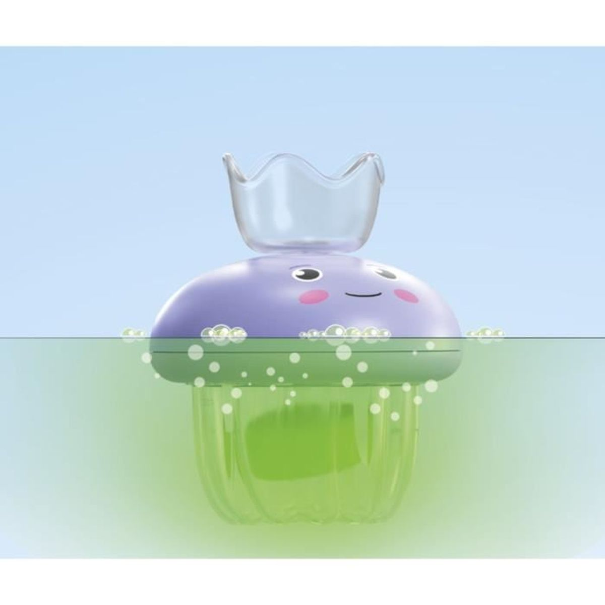 Giocattolo da bagno viola a forma di medusa con corona galleggia in acqua verde.