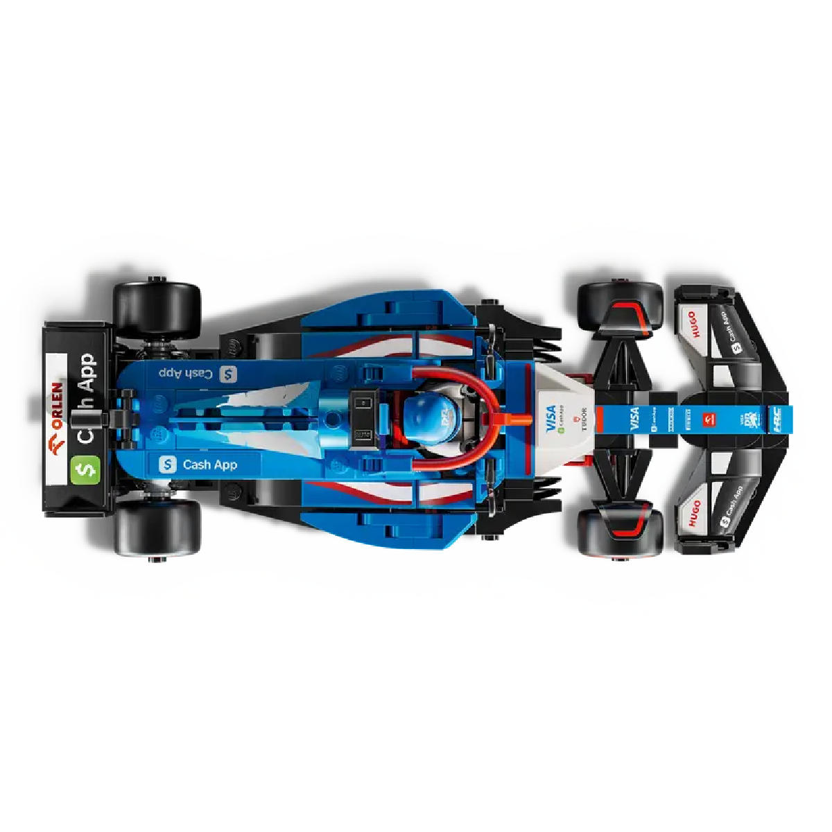 Yukarıdan görülen, sponsor çıkartmaları olan mavi ve beyaz Lego yarış arabası.
