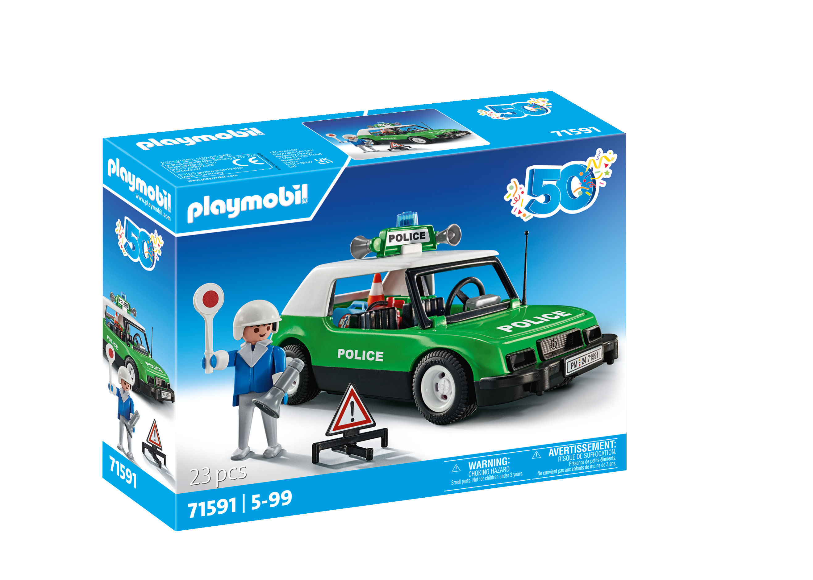 Embalaje de juguete de coche de policía Playmobil con figura y señal de tráfico.