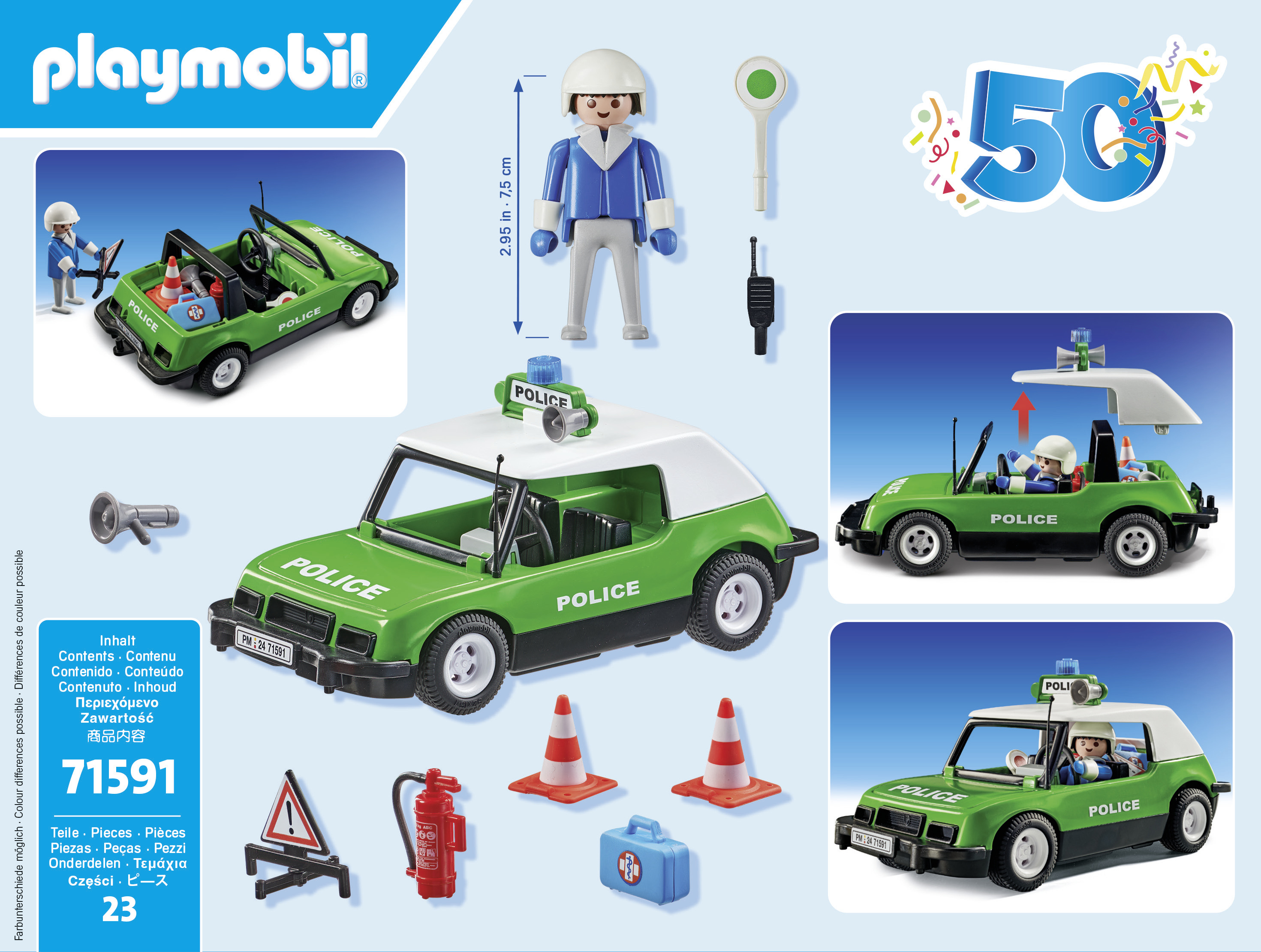 Coche de policía verde con accesorios, figura Playmobil y número 50.