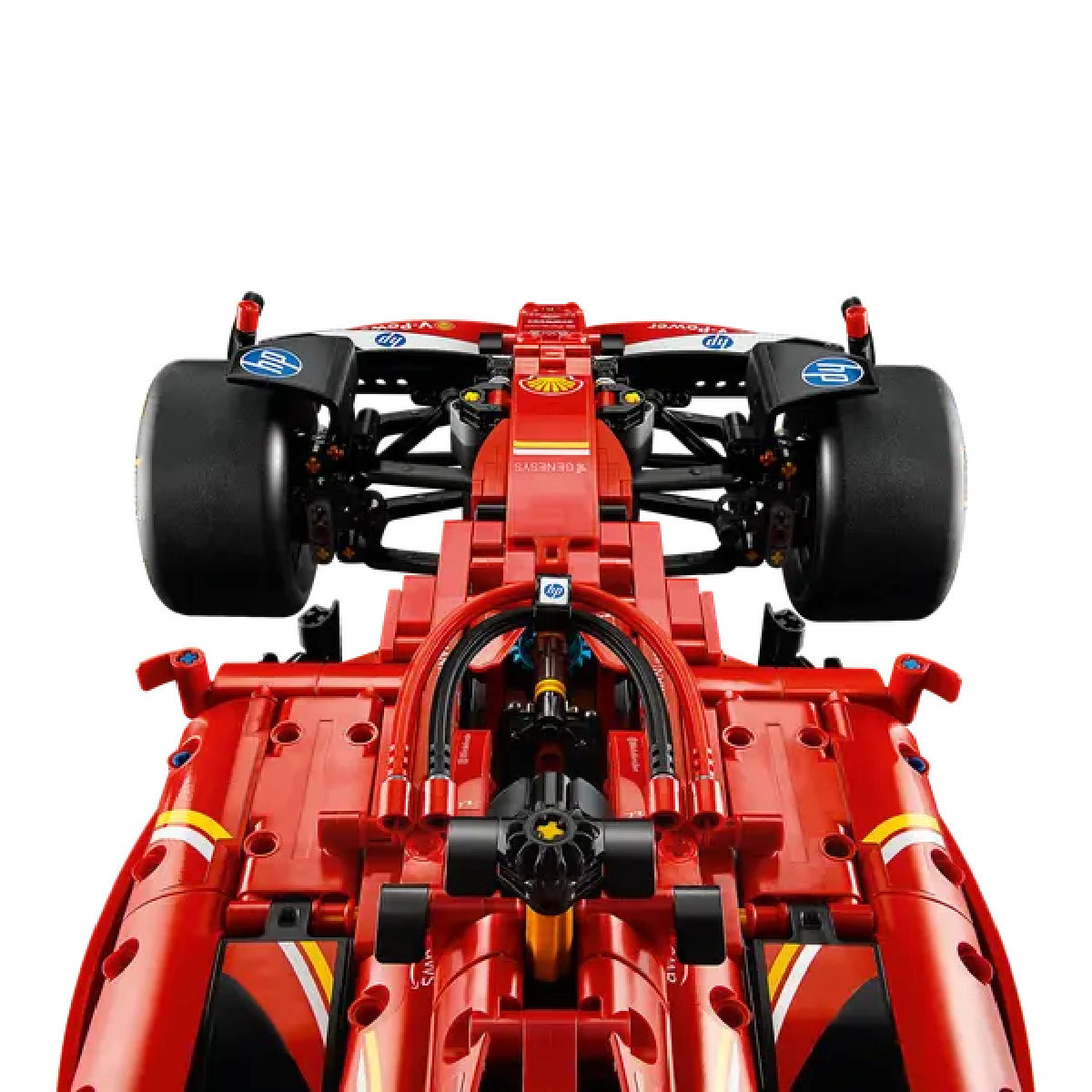 Coche de carreras Lego rojo con ruedas negras y calcomanías.