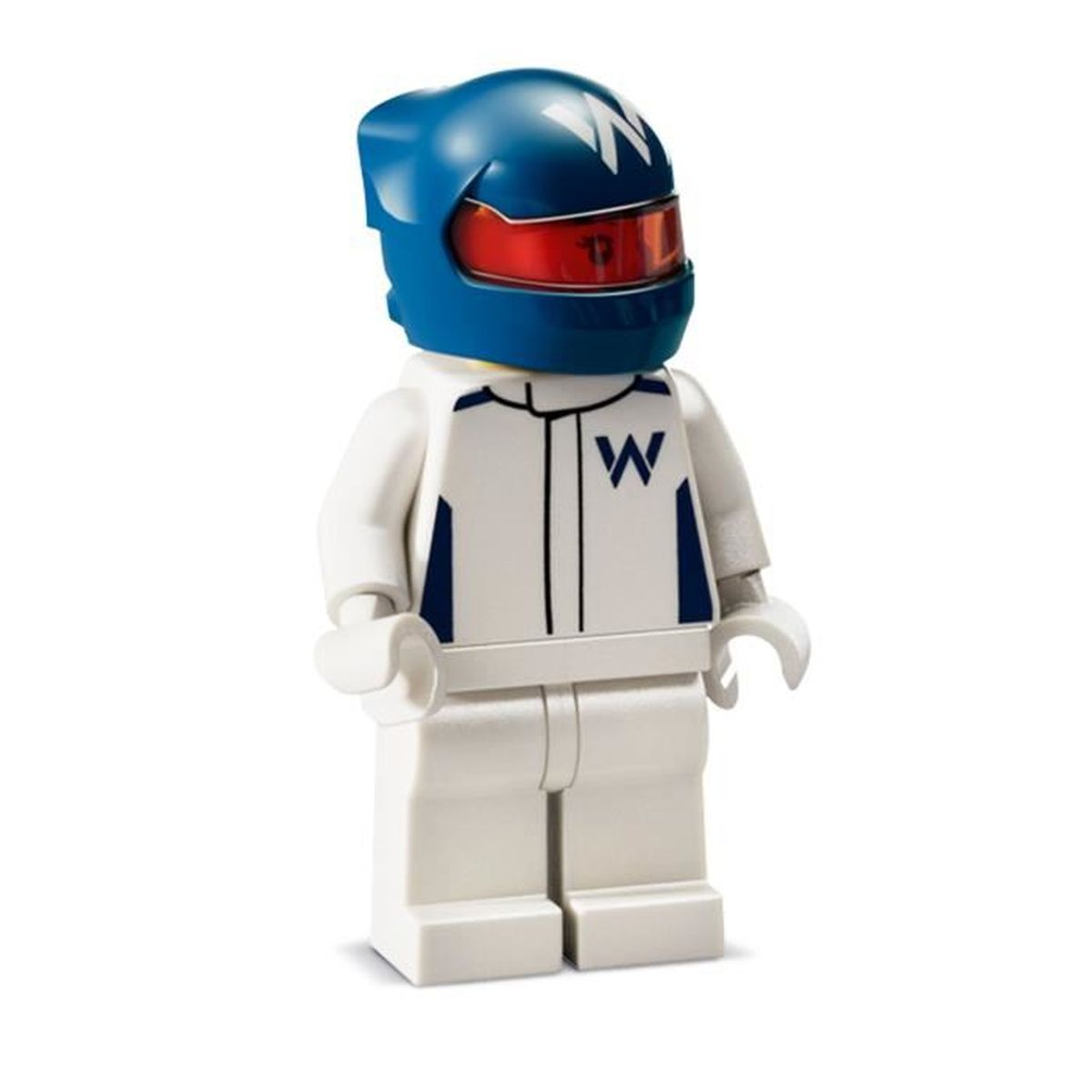 Kırmızı vizrl mavi kaskl beyaz tulumlu Lego yar pilotu.