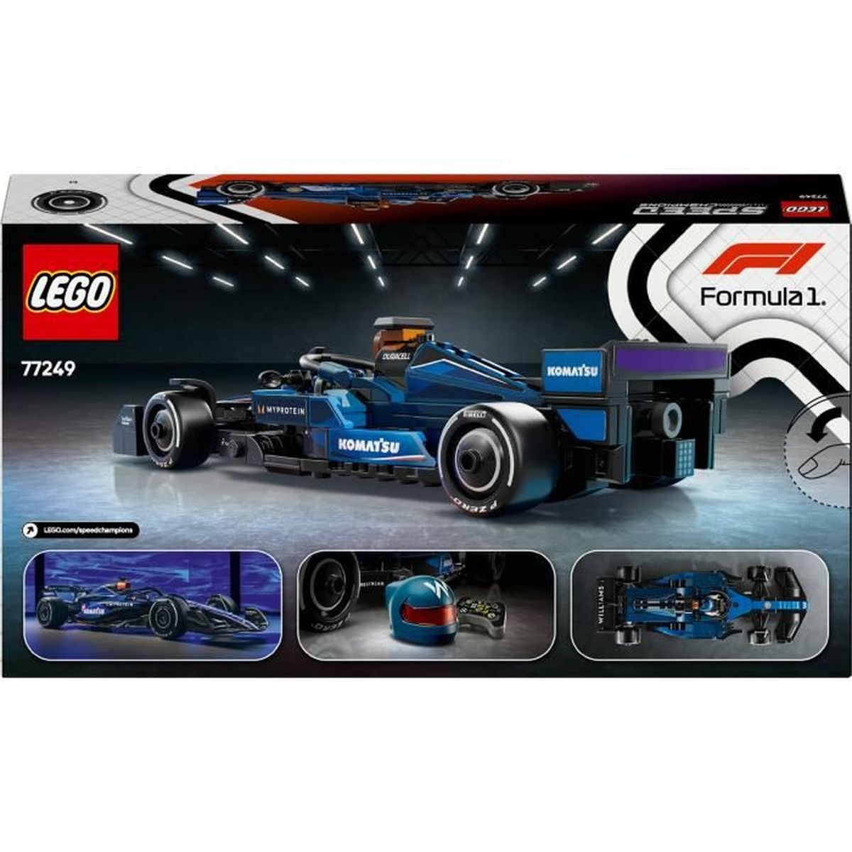 Komatsu ve Myprotein logolu mavi LEGO Formula 1 araba seti.