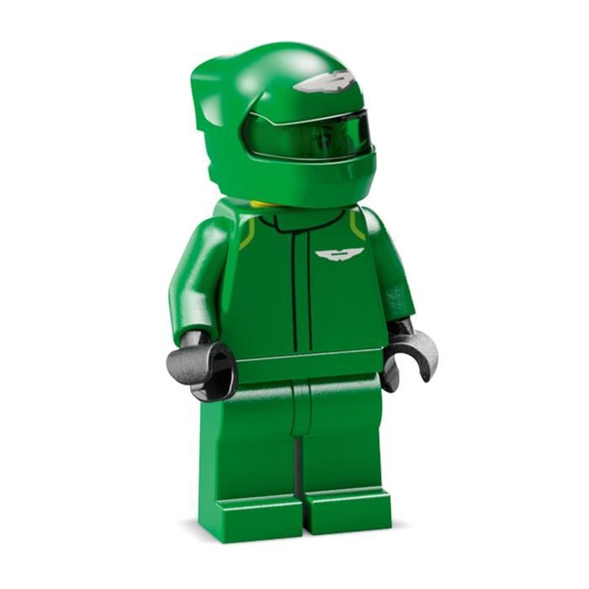 Beyaz zeminde kask ve tulum giymiş yeşil Lego yarış pilotu.