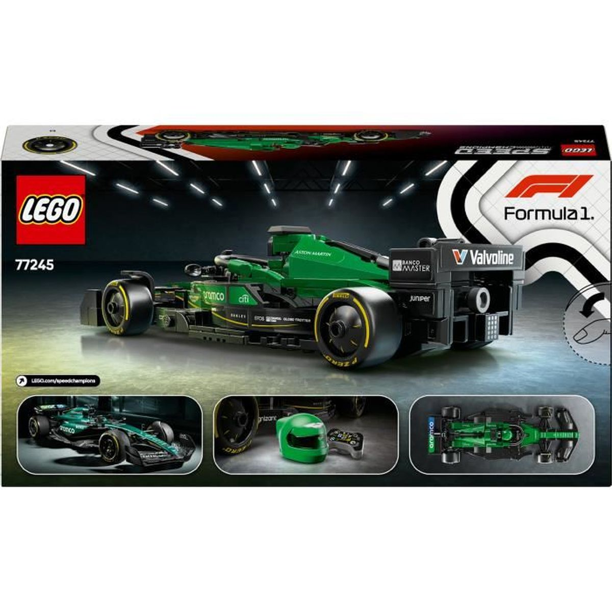 Sponsorlu çıkartmalarla yeşil Lego Formula 1 araba kutusu.